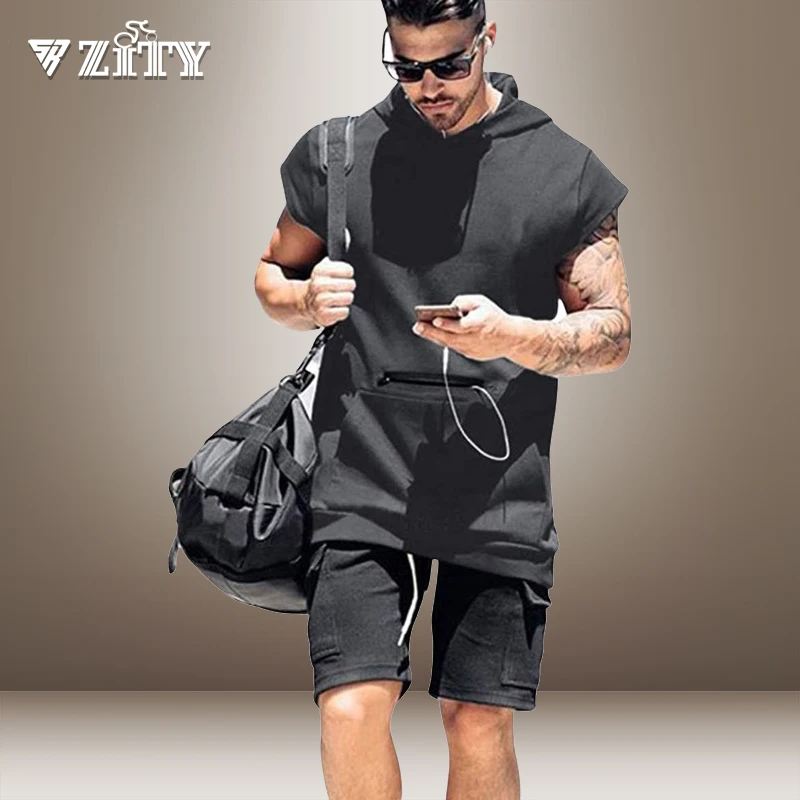 

Summer Men Hooded T-shirt with Pocket O-neck Loose Vest Solid Color Sports Short Sleeve Tee Plus Size Fit Male Fitness