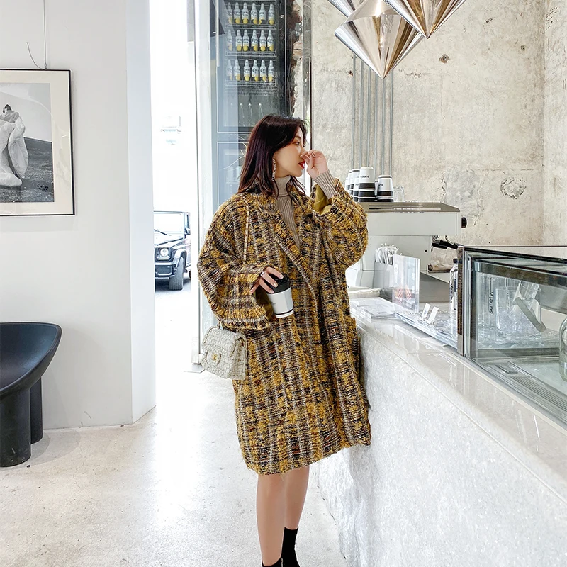 Женское элегантное зимнее шерстяное клетчатое твидовое пальто длинное