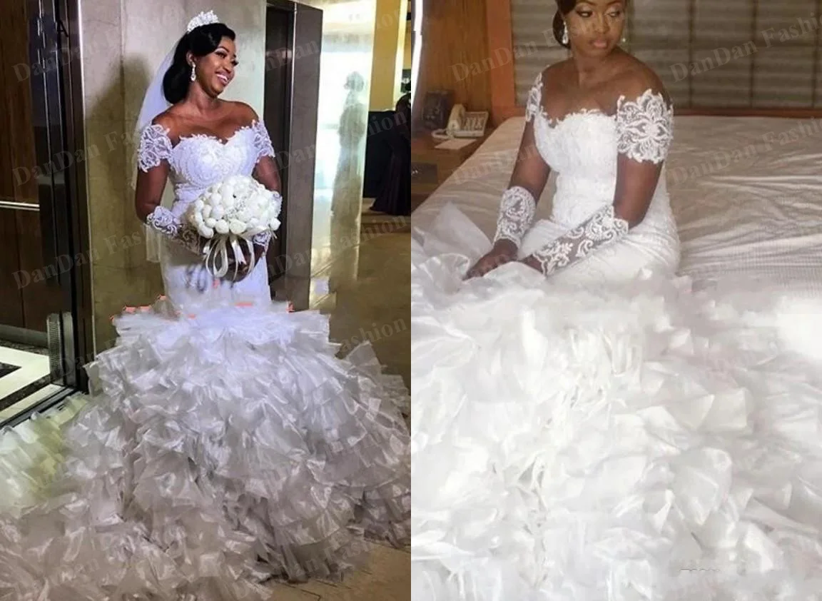 

African Plus size Mermaid Wedding Gowns Illusion Long Sleeves Lace Ruffles Organza Court Train Reception Country Bridal Dress