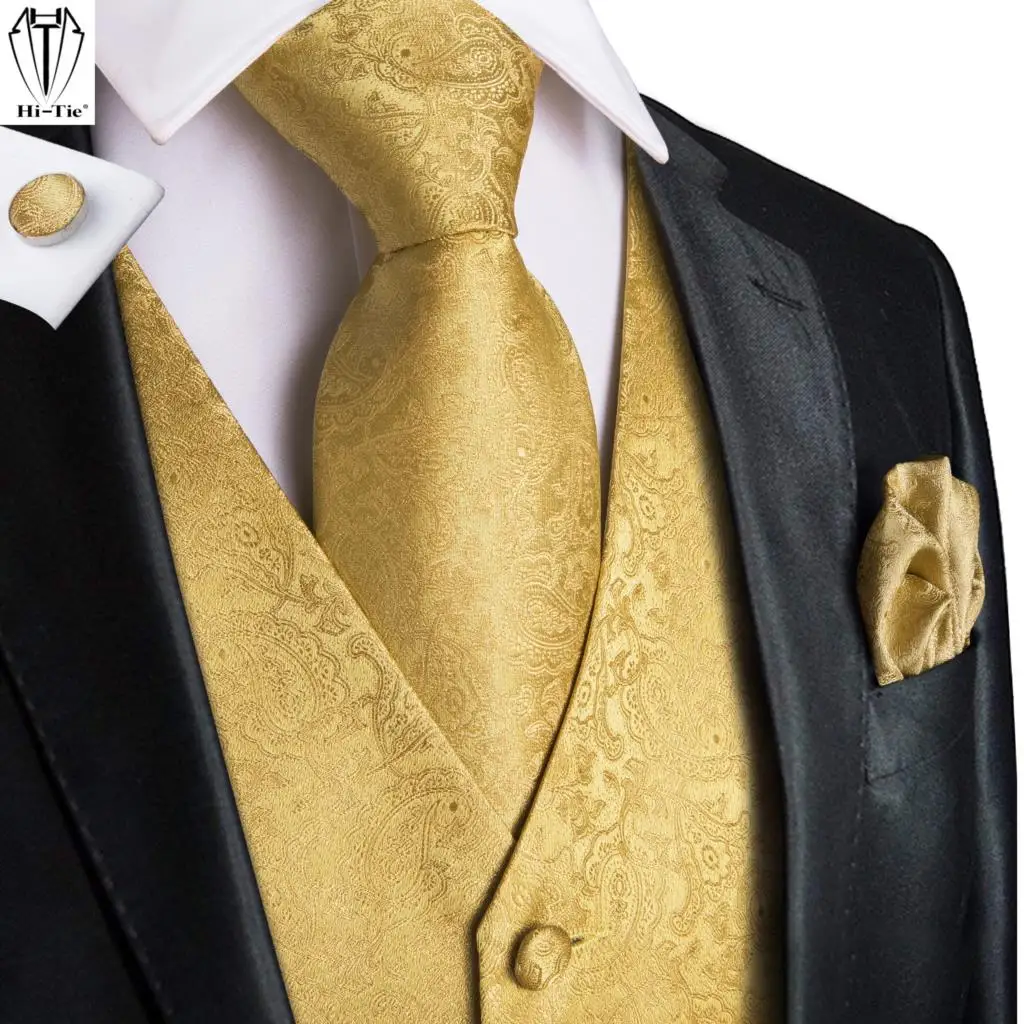 

Hi-Tie 100% Silk Men's Vests Gold Paisley 4PC Waistcoat Necktie Hanky Cufflinks Set Slim Fit Waist Jacket for Wedding Business