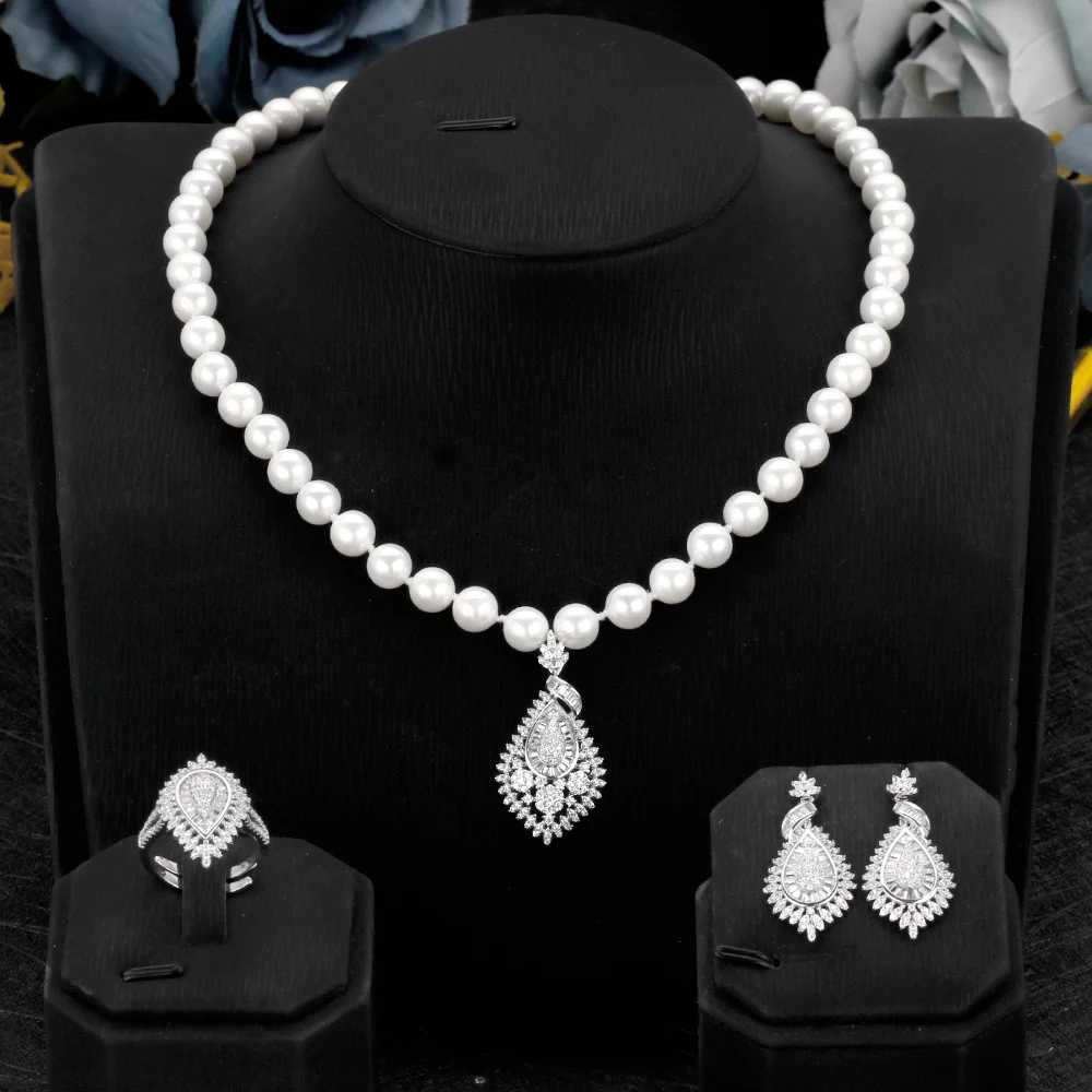 

Hot Fashion Women Pearl Jewelry Set High Quality Cubic Zirconia Nigerian Bridal Wedding Jewellery Sets Necklace Ring Earrings