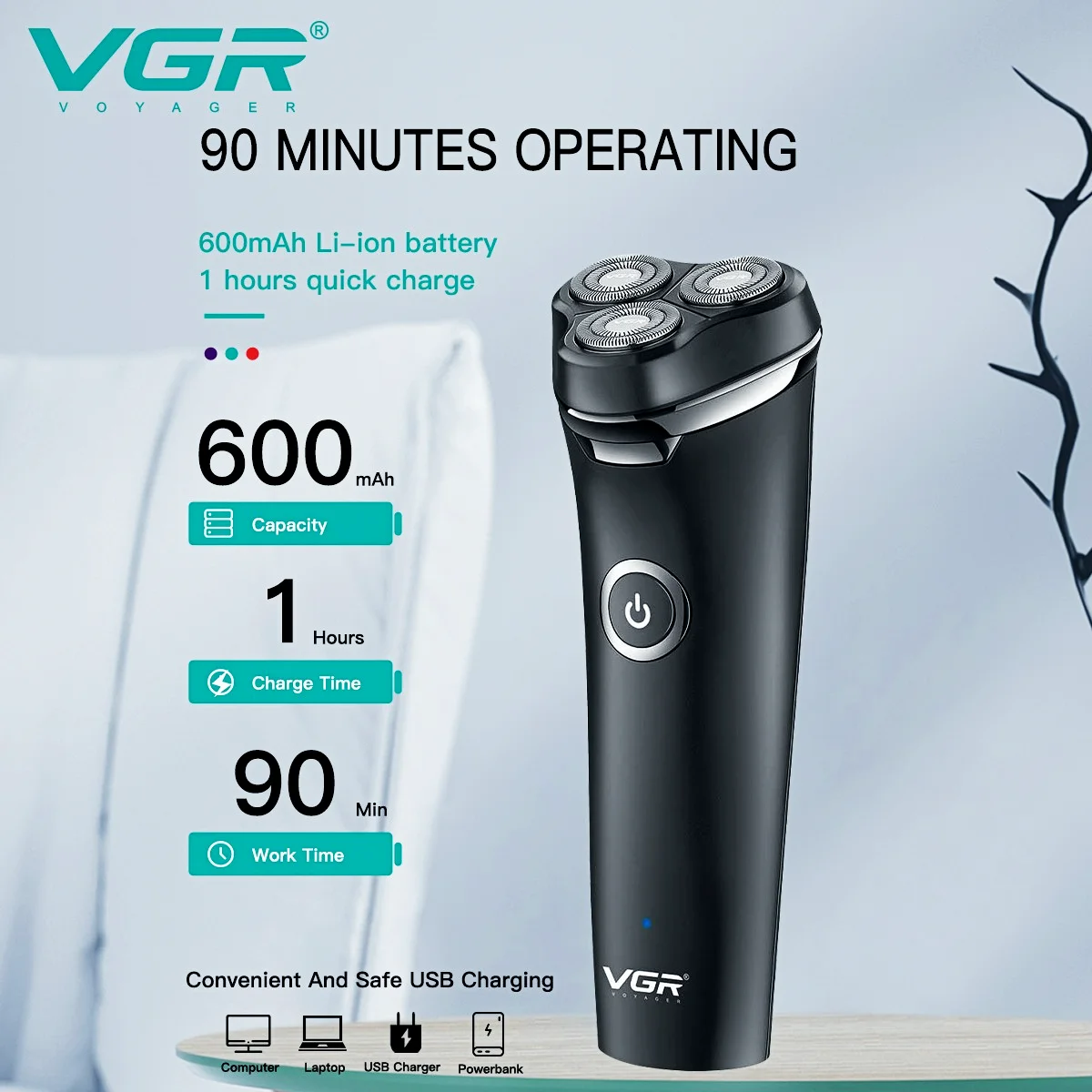 VGR Electric Shaver For Men Beard Trimmer Electric Razor Beard Cutting Machine Rotating Triple Blade Waterproof USB Charge V-319 enlarge