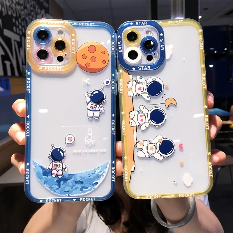 Cute Cartoon Astronaut Planet Phone Case For iPhone 14 Pro Max 13 12 11 X XS XR 7 8 Plus SE 3 Transparent Soft Shockproof Cover