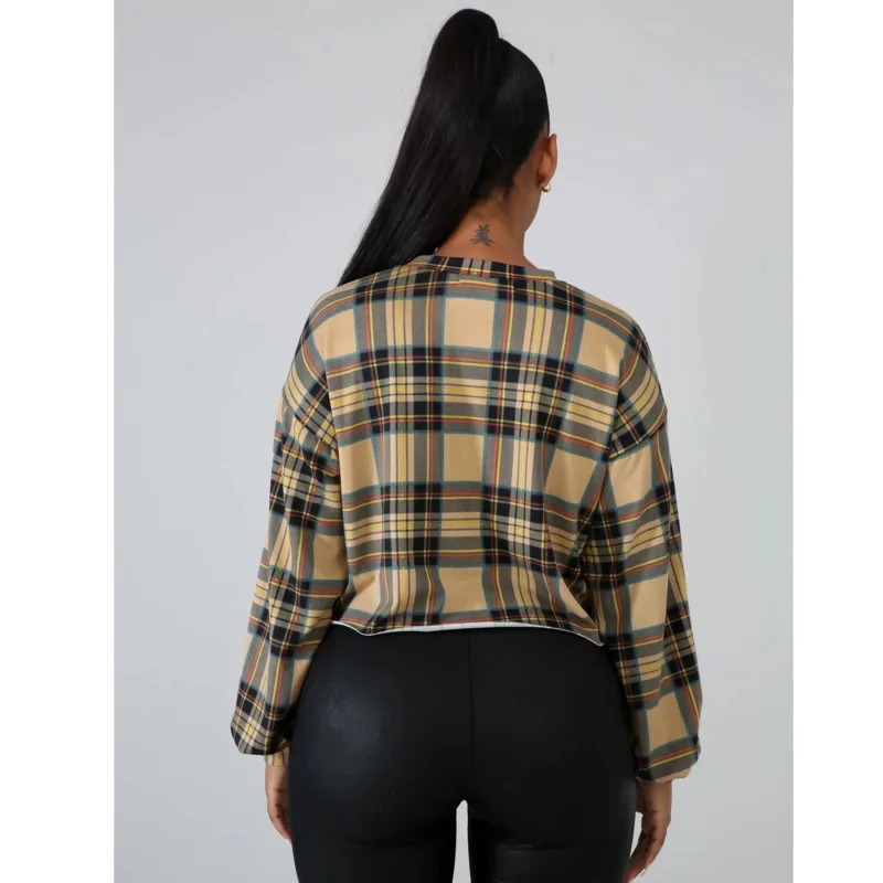 

Women's Plaid Sweatshirt Long Sleeve Round Neck Clothing Ladies Crop Tops Autumn 2020 New Chic Red Khaki Streetwear Sweatshirts