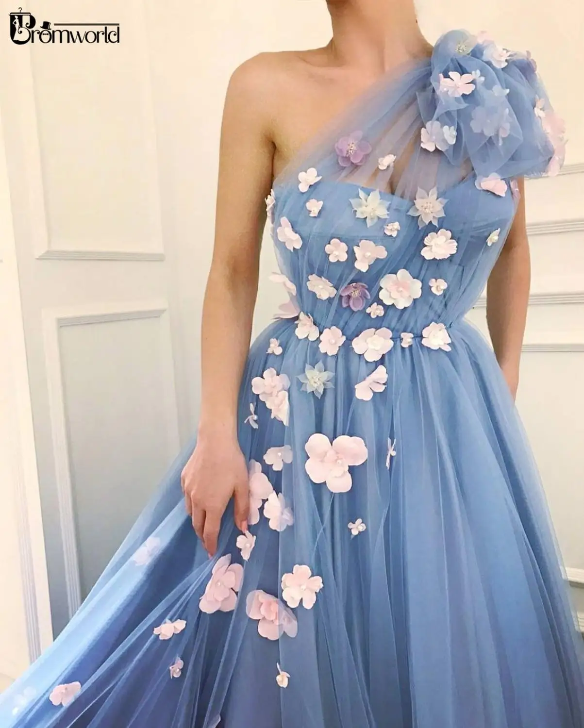 Light Blue Prom Dresses 2022 One Shoulder Flowers Tulle Fairy Gown Long A-Line Evening Party Dress Robe De Soiree | Свадьбы и