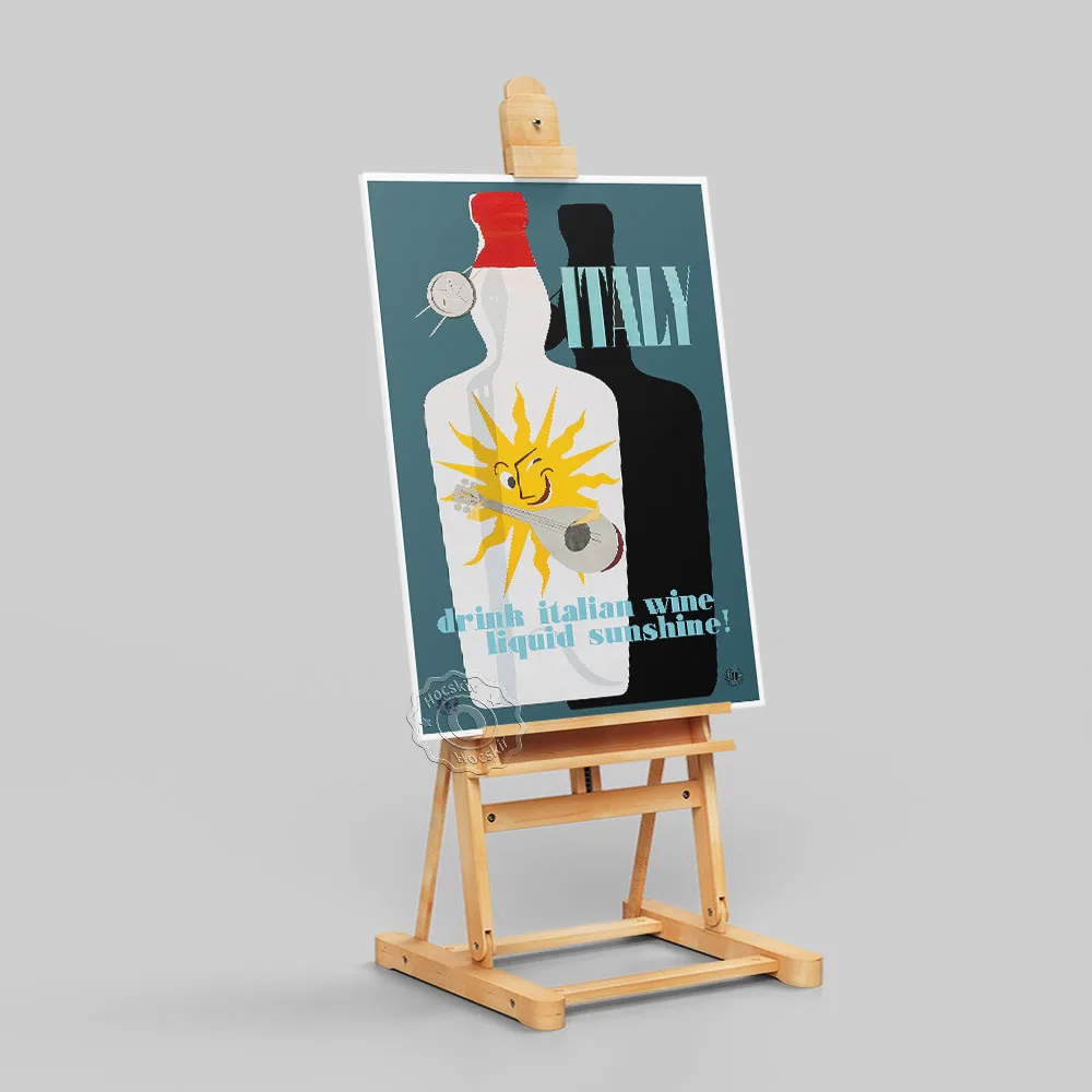 Постер рекламы вин Италии "Жидкое солнце" на холсте в стиле винтаж.
