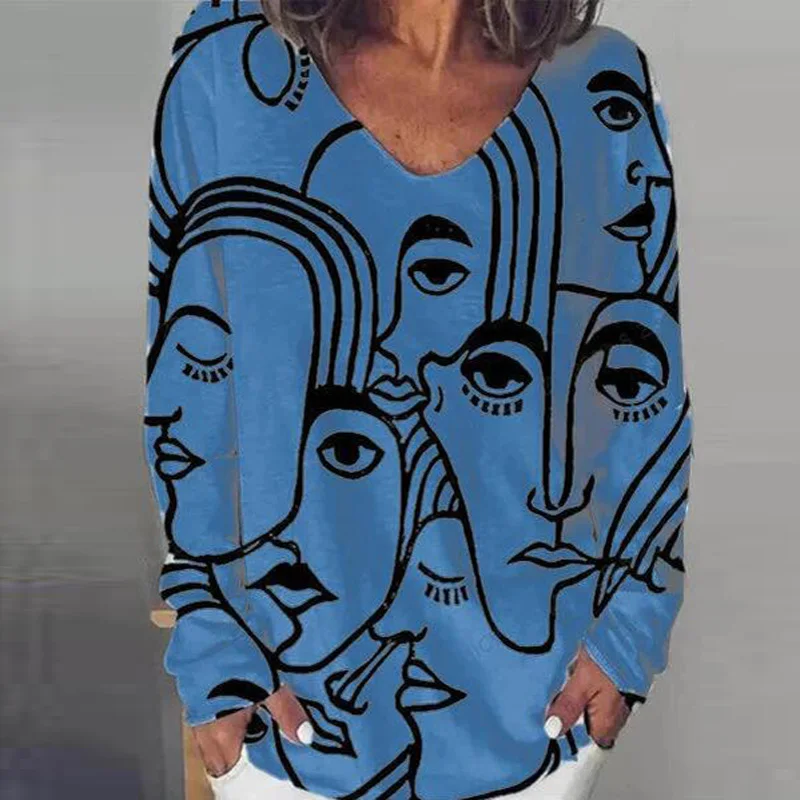 

Vintage Abstract Print V Neck T Shirt Women 2021 Spring Long Sleeve Loose Tops Pullover Casual Streetwear Plus Size Blusas