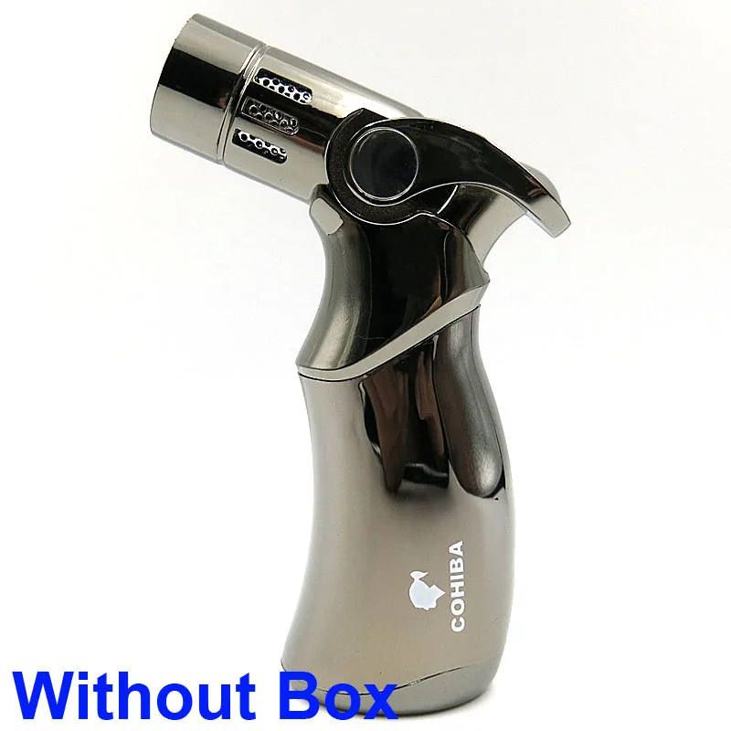 Gray NO Box Настольная металлическая Бутановая Зажигалка COHIBA, 4 фонарь, зажигалка для сигарет, инструмент для курения, многоразовый, ветрозащитный - Цвет: Gray NO Box