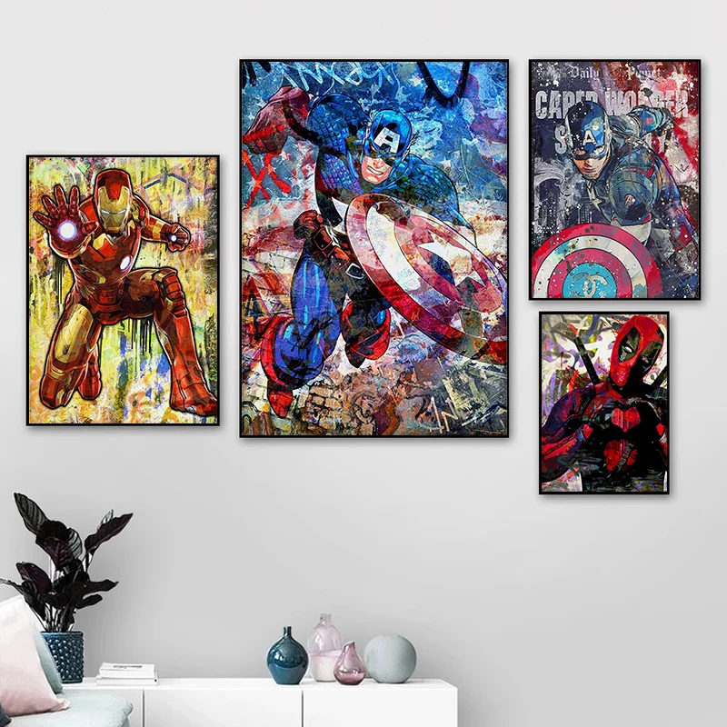 

Картина на холсте Marvel Мстители, Супергерой, Капитан Америка, граффити, Железный человек, плакаты, печать, настенное искусство, картина для де...