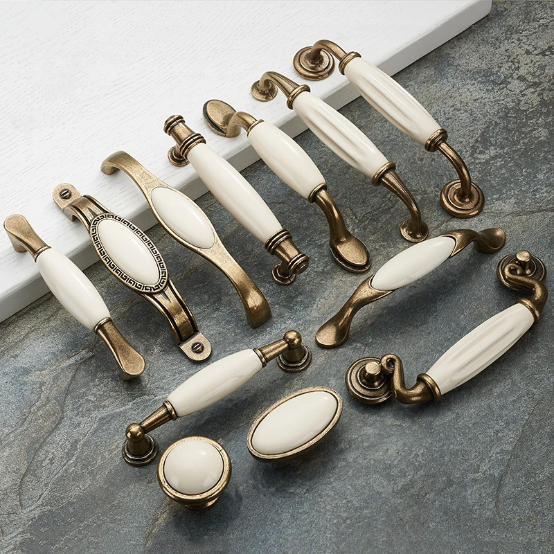 

Antique Bronze Ceramic White Cabinet Handles Zinc Alloy Drawer knobs Wardrobe Door Handle Simple European Furniture Hardware
