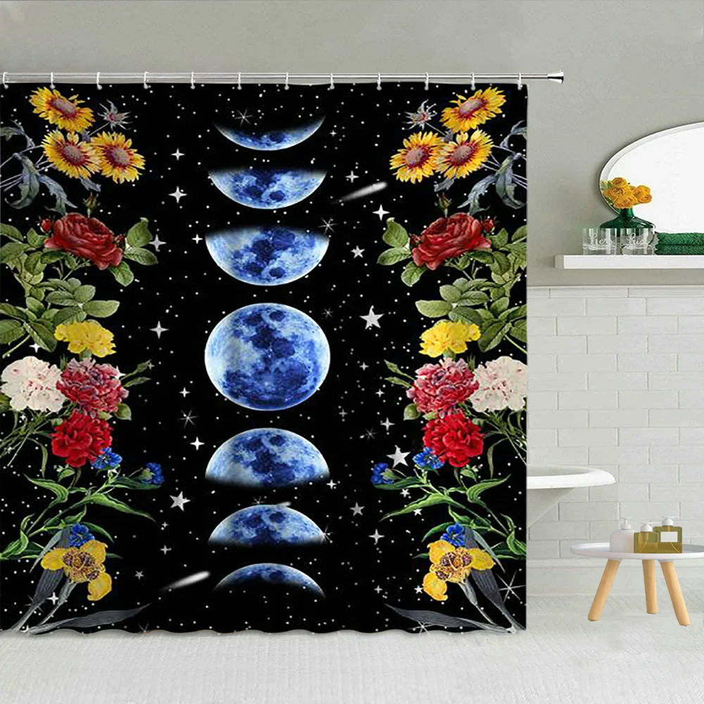 

Planet Flower Night Landscape Shower Curtain Moon Earth Sunflower Peony Floral Green Leaves Bathroom Decor Waterproof Curtains