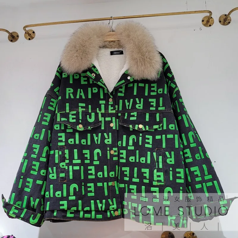 

Women Green Letter Print Jackets 2021 New Autumn Winter Real Fur Turn Down Collar Thick Denim Parkas Warm Cotton-padded Coats