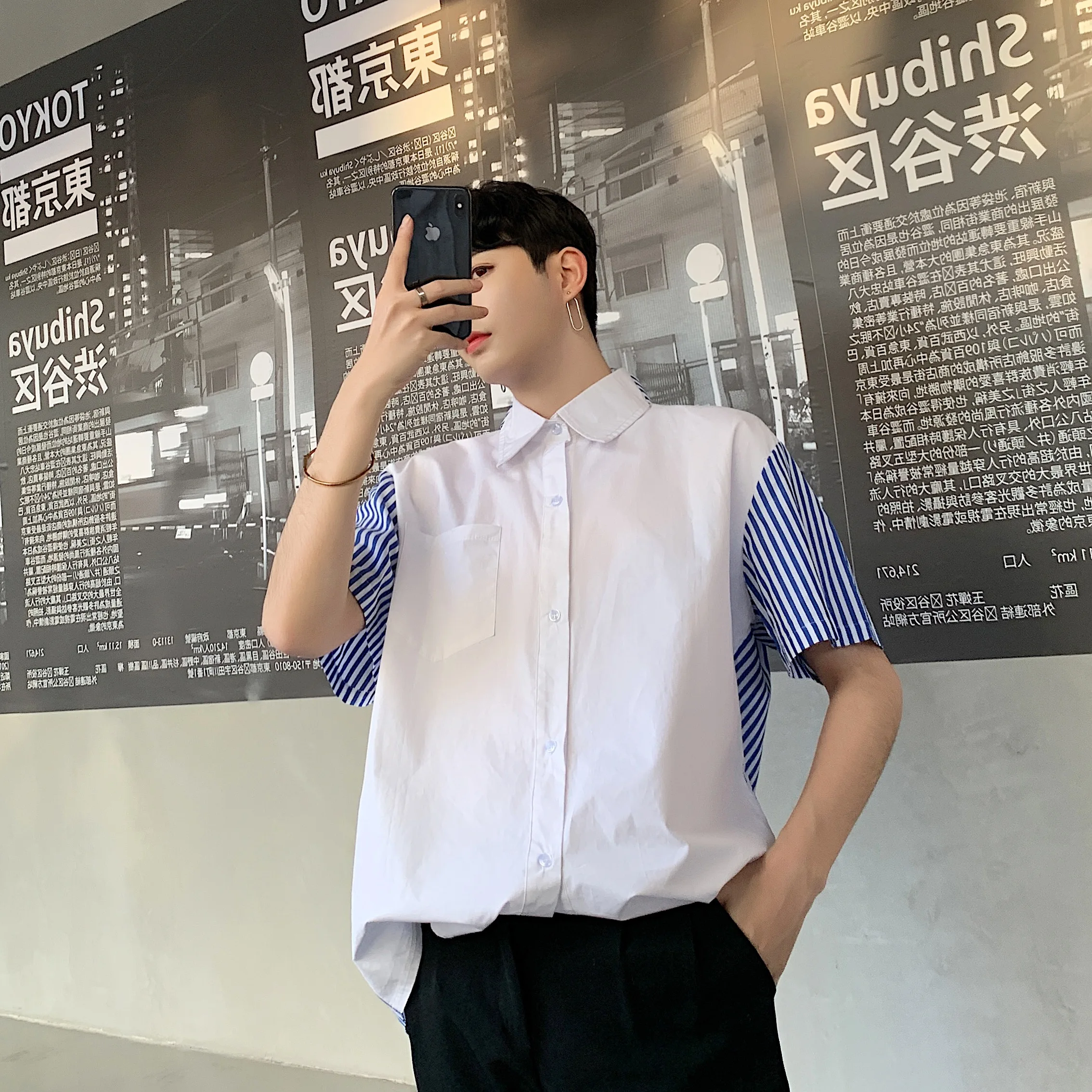 

New Male Women Streetstyle Fashion Couple Shirts Men Can Be Worn Before Back Stripe Short Sleeve Shirts