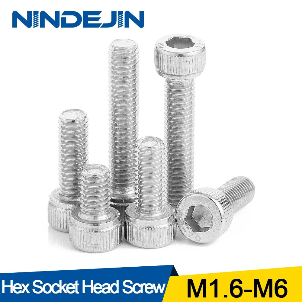 Шестигранный винт NINDEJIN с шестигранной головкой M1.6 M2 M2.5 M3 M4 M5 M6 болт из нержавеющей стали DIN912 шестигранный винт с ключом