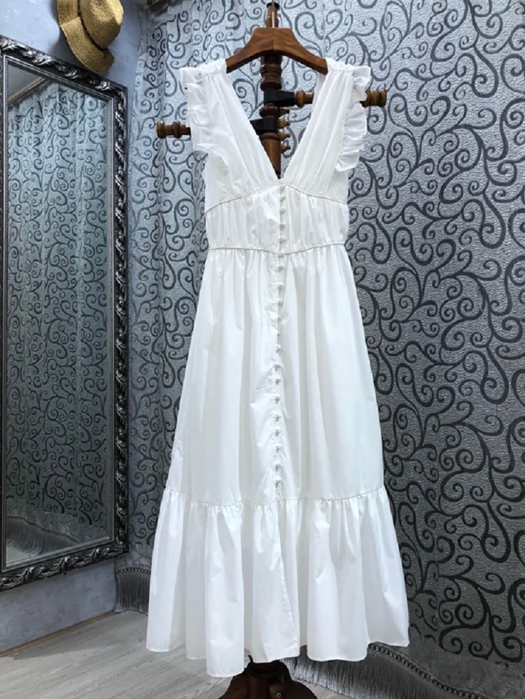 

Sexy Deep V-Neck Long Dress 2021 Summer Casual Party Women Tunic Buttons Back Bow Deco Sleeveless White Green Long Maxi Dress
