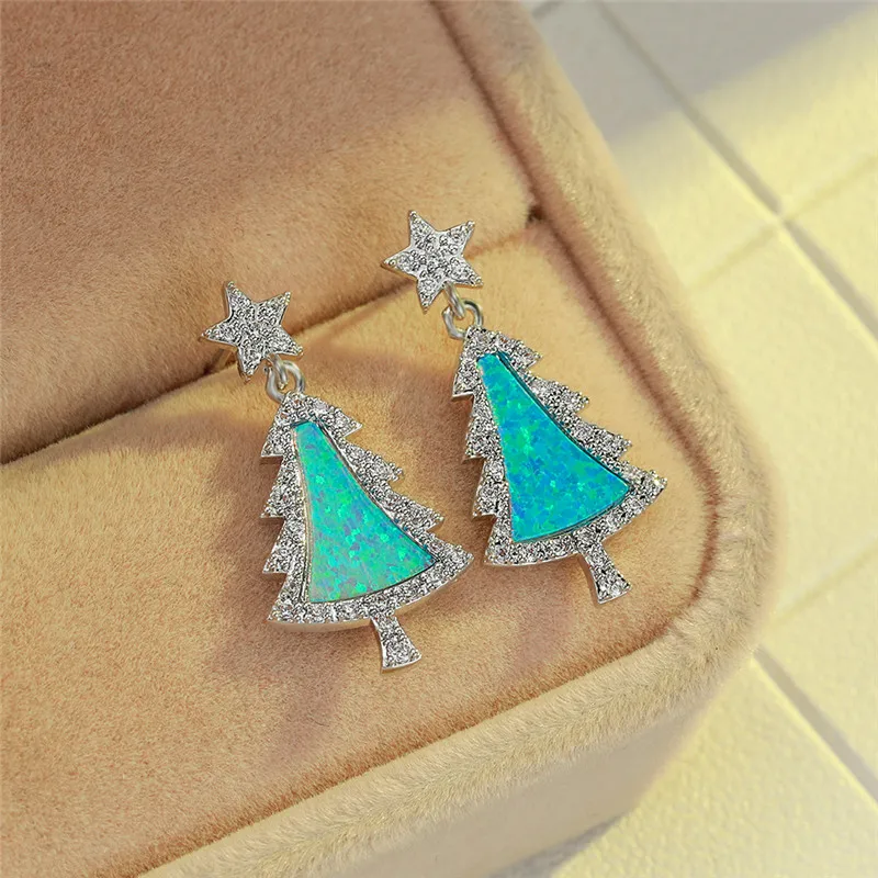 

Luxury Female Christmas Tree Crystal Earrings Classic Silver Color Wedding Earrings Cute Blue Opal Small Stud Earrings For Women