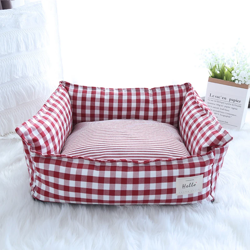 

Pet Plaid Bed Dog Cat Soft Warm Sofa Washable Linen Bed For Small Medium Dogs Sleeping Non-Slip Moisture-Proof Oxford Bottom Mat