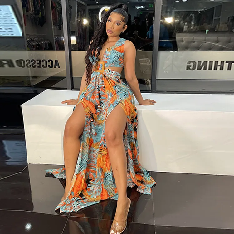 

Plus Size Women Long Dress Print Sleeveless V-neck Hollow Bandage Maxi Dresses Sexy Fashion Vestidos Summer Outfits