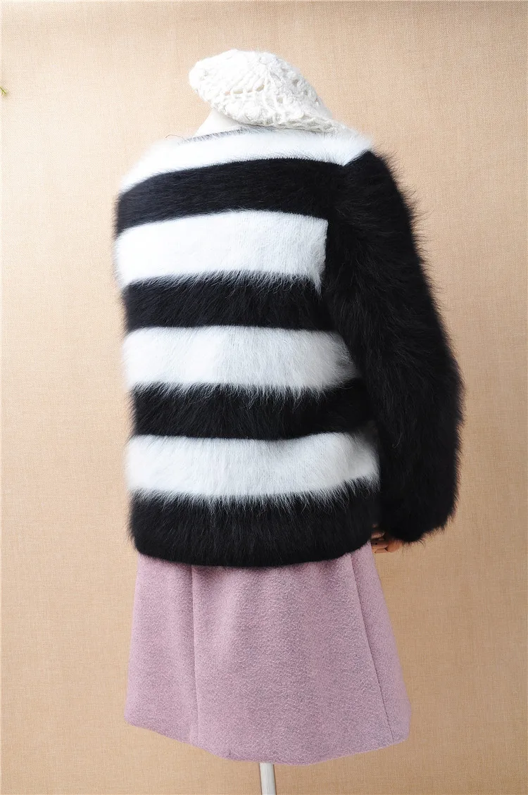 

ladies women winter fashion striped mink cashmere short long puff sleeves cardigans angora rabbit fur jacket coat sweater pull