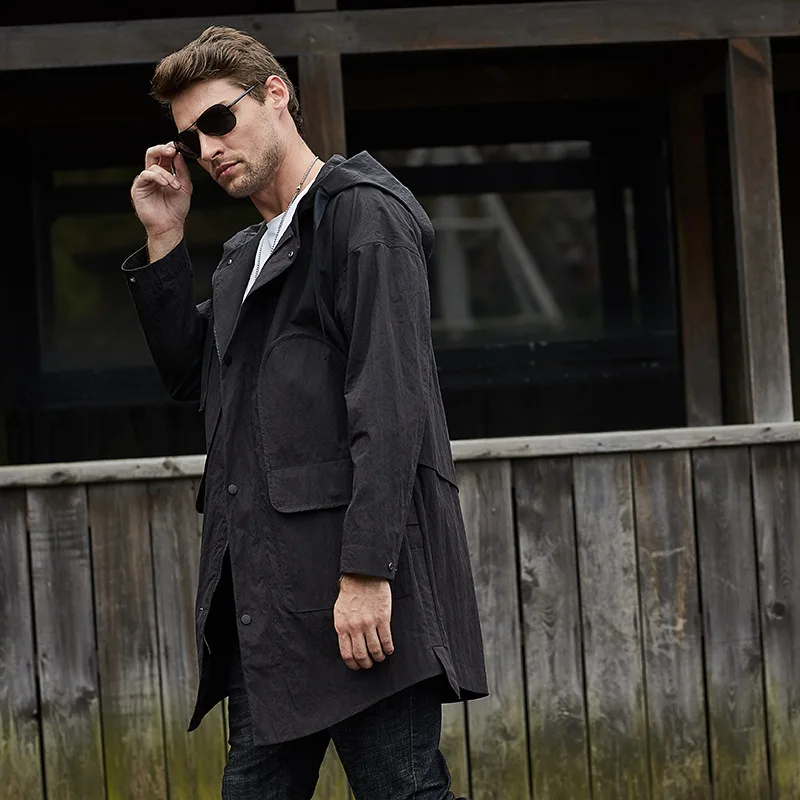 2019 Осень Зима ветровка мужская длинная куртка молодежная с капюшоном