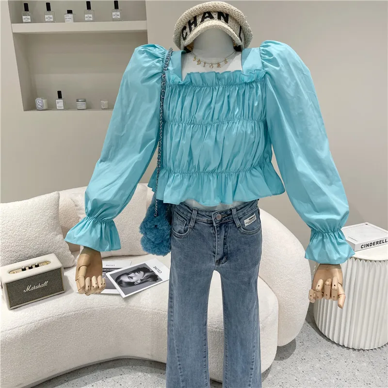 

Women's Spring Summer 2021 Fashion Square neck one shoulder bubble sleeves pleated top Sweet loose design shirt