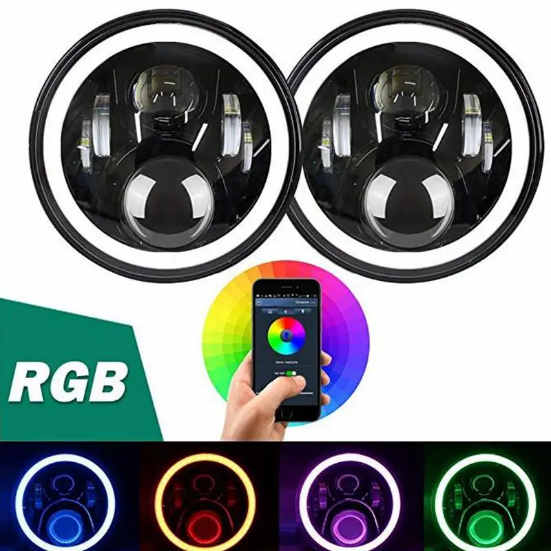 7 дюймов светодиодный фары для работы RGB ангельские глазки многоцветный DRL Bluetooth