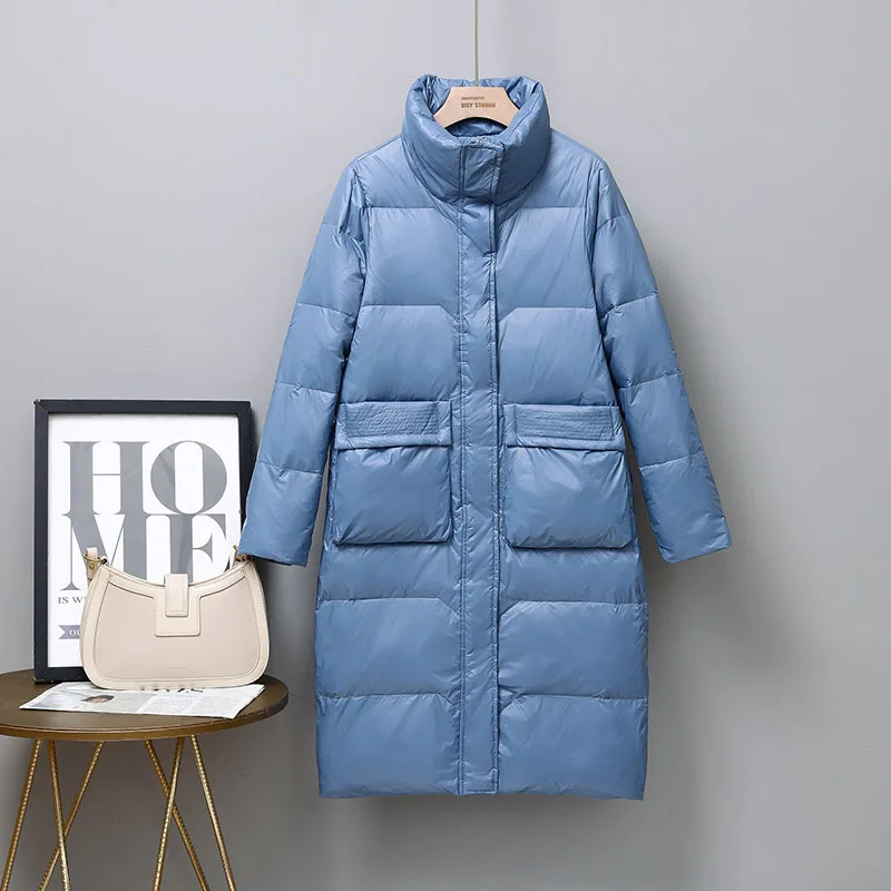 New Winter Stand Collar Long Feather Jacket Women 90% White Duck Down Coat Casual Loose Parker Snow Fluffy Warm Outwear s1349