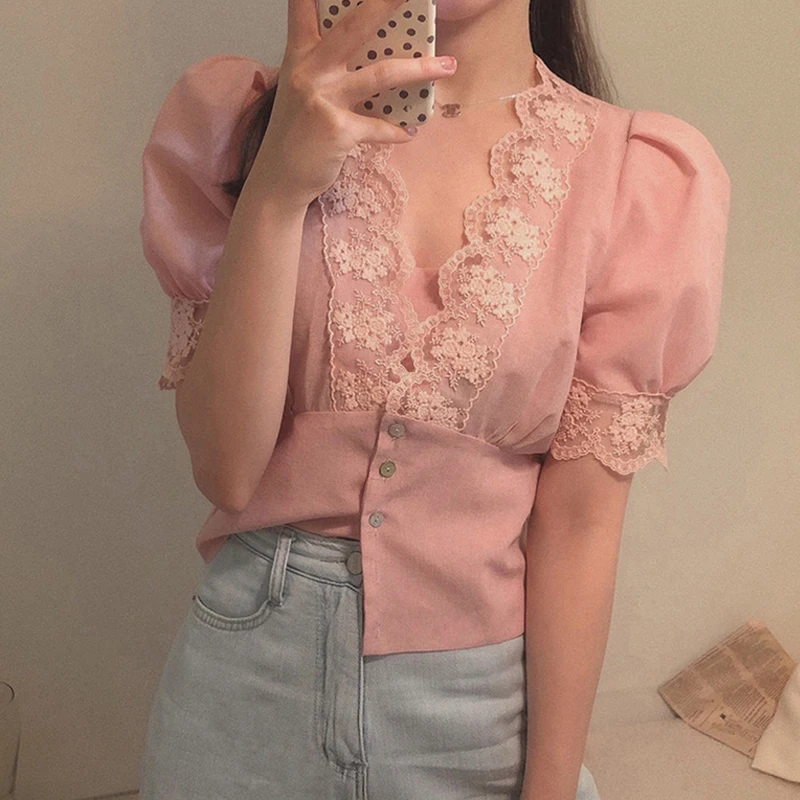 

Женская кружевная блузка в стиле пэчворк, элегантная винтажная офисная блузка на пуговицах с пышными рукавами, 2 цвета, весна-лето