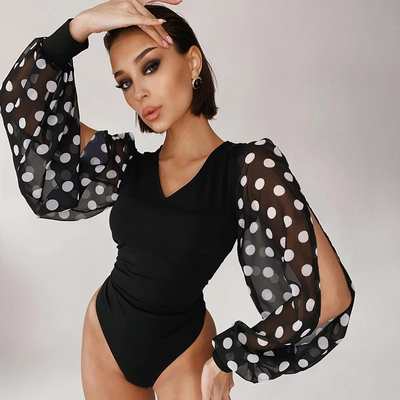 

SUCHCUTE Vintage Dot Patchwork Bodysuit For Women V-Neck Mesh Long Sleeve Hollow Out Skinny Bodysuits Club Fashion Outfits