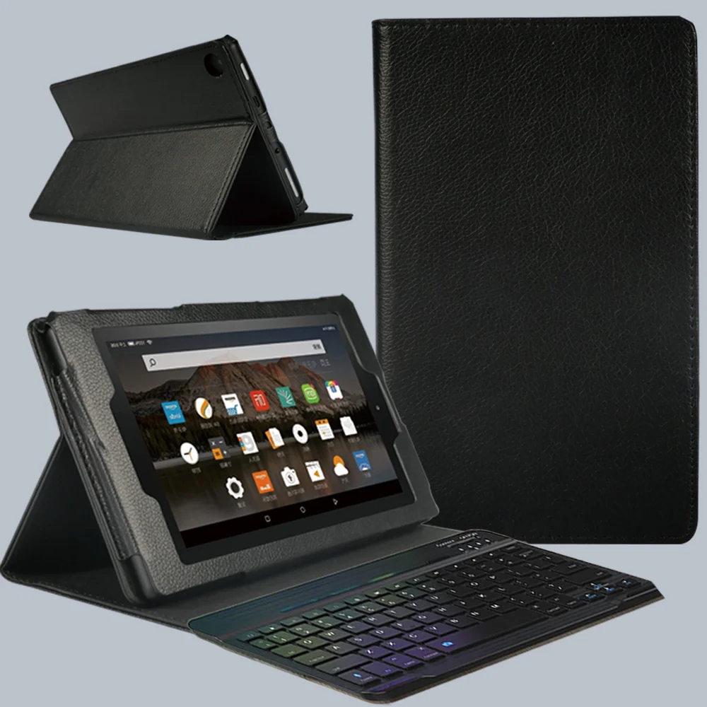 For Amazon Fire HD 8 Plus/Fire 7/Fire HD 8/Fire HD 10 PU Leather Holder Fold Tablet Case Cover+Bluetooth Keyboard+Stylus