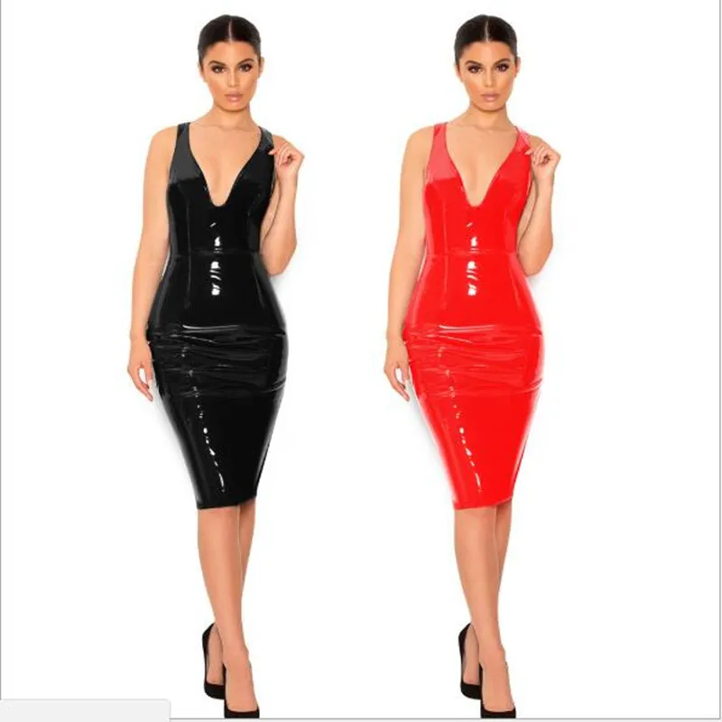 Женское Кожаное Платье До Колена 4XL 5XL 6XL размера плюс красное черное Клубное