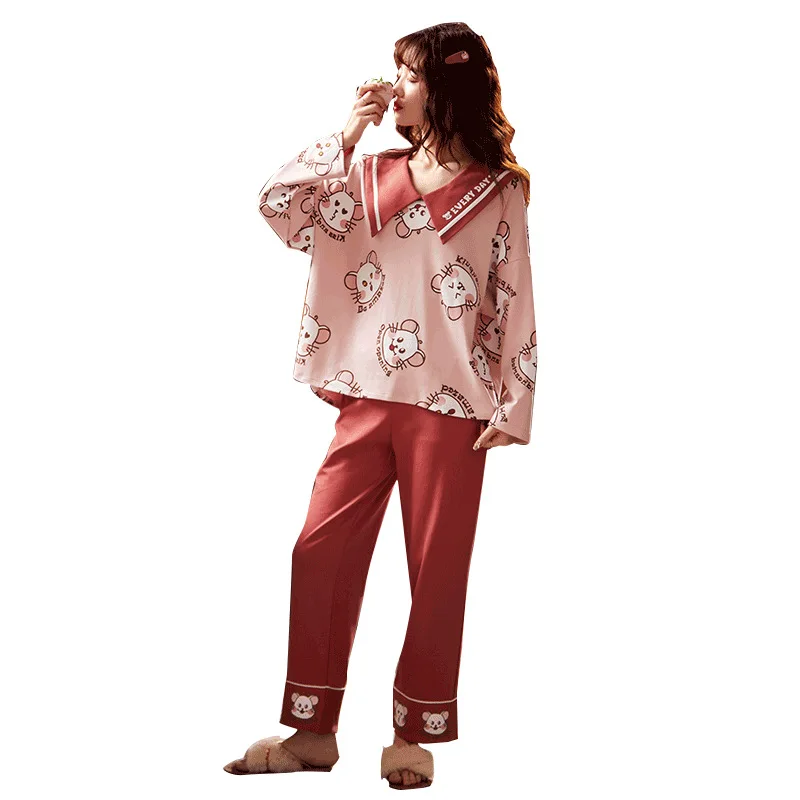 

Autumn Women Pajamas Set Kawaii Cartoon Little Mouse Print Pajamas Pink Cotton Female Homewear Loose Lapel Long Sleeve Sleepwear