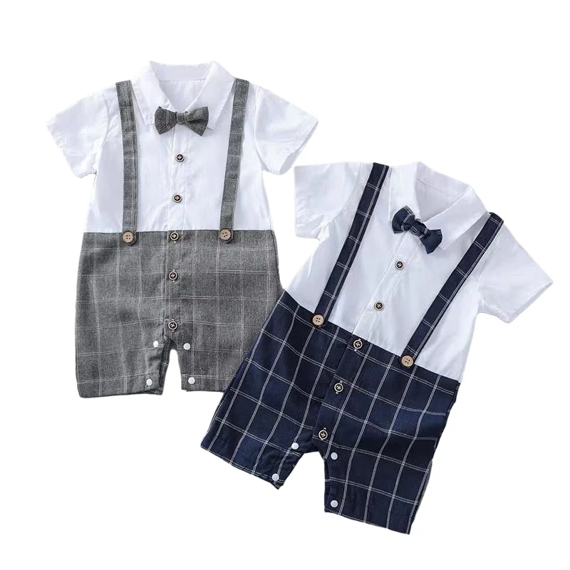 

Newborn Baby Boy Rompers Summer Infant Short Sleeve Jumpsuit Clothes Overalls Outfit With Bow Tie Toddler Gentleman Kid Clothing