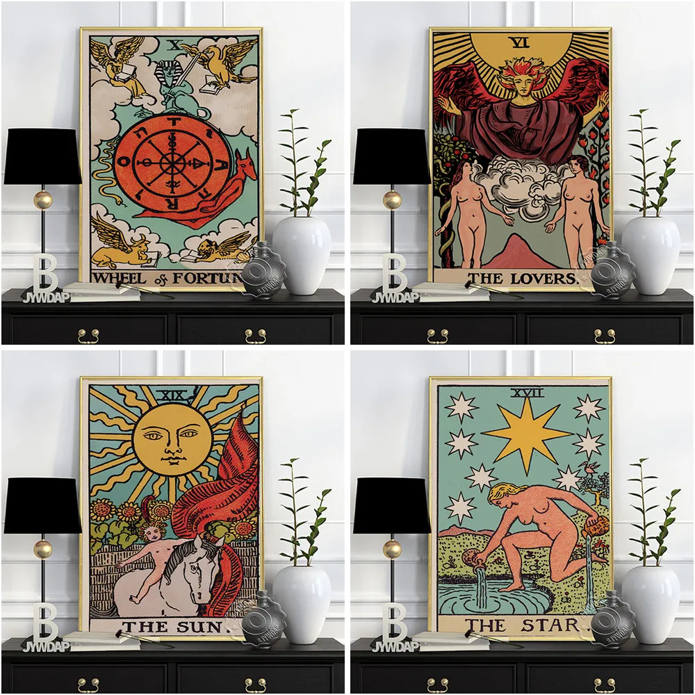

Tarot Vintage Art Prints Aged Poster, Occult Enthusiast Collection Gift Idea, Retro Canvas Painting Wall Picture Home Room Decor
