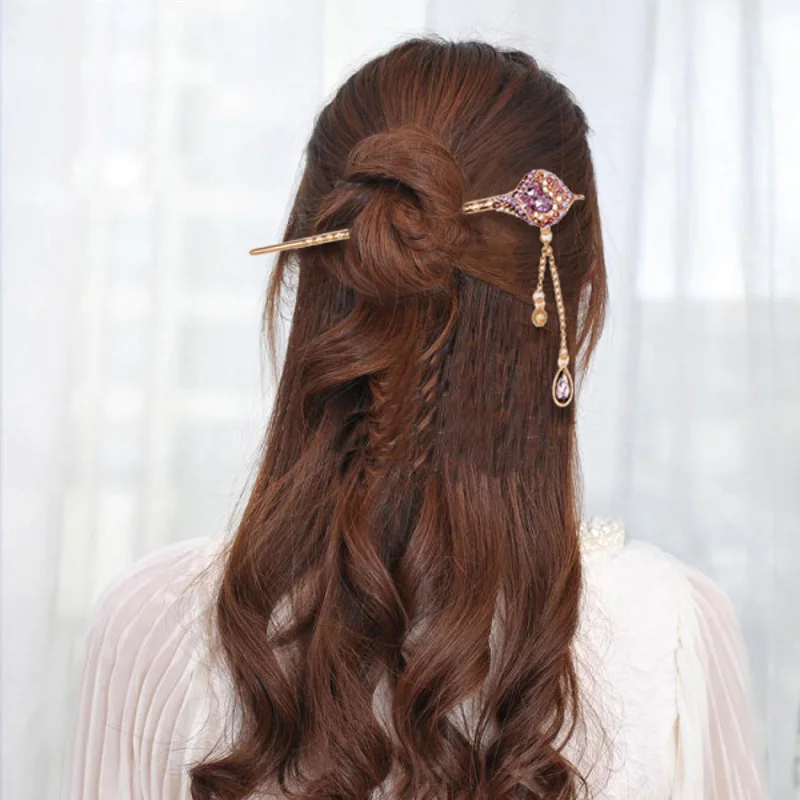 Кристальные стразы палочки для волос с цветком лилии КАПЛЕВИДНАЯ металлическая