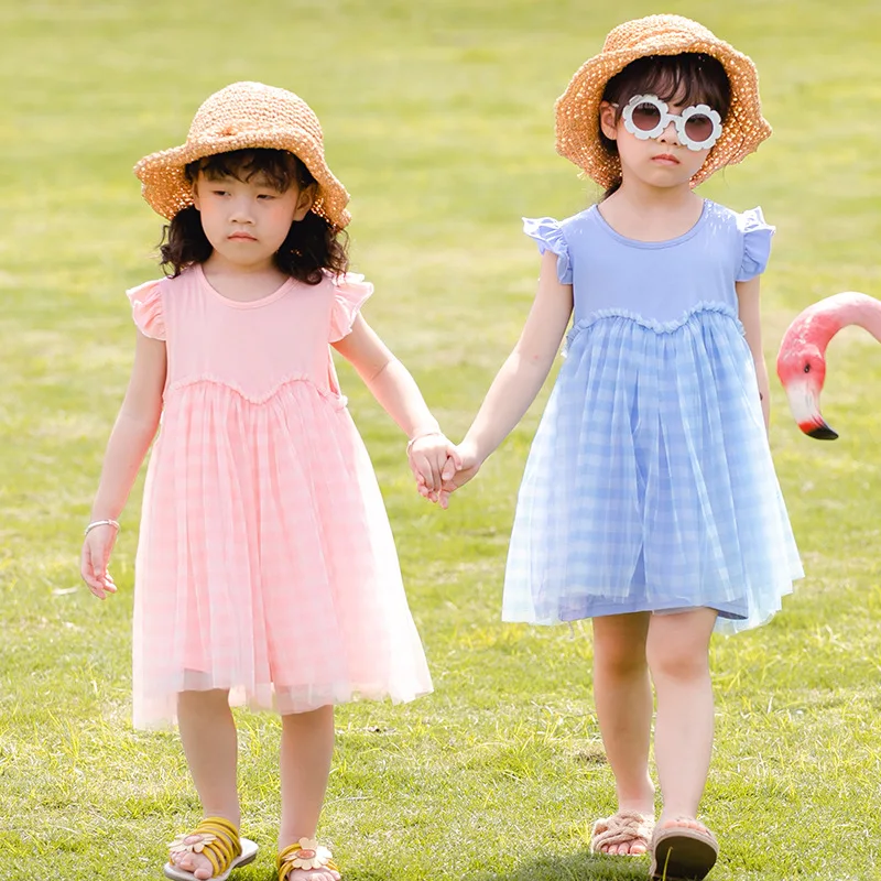 2020 Summer Dresses Toddler Kids Girls Ruffle Sleeveless Patchwork Dress For Elegant Princess Baby Pink Blue Clothes | Детская одежда и
