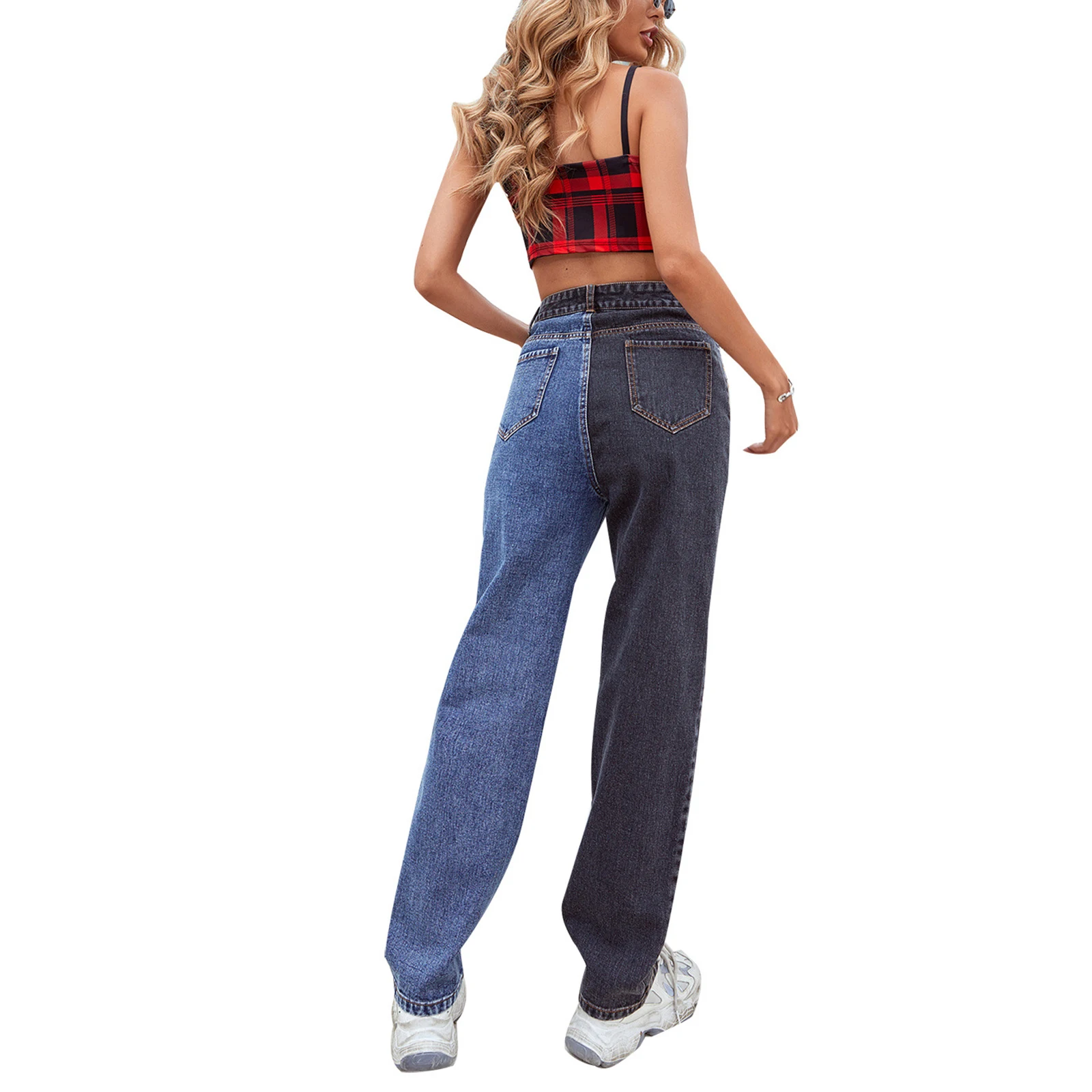 Women Variegated Color Jeans with Pockets High Waist Straight-leg Trousers XS/ S/ M/ L |
