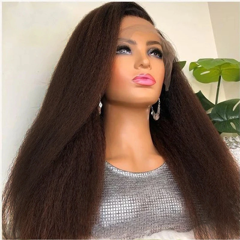 

Middle Part Yaki 26inch Long Kinky Straight Lace Front Wig For Women 180% Density Dark Brown Synthetic Hair Heat Resistant Wigs