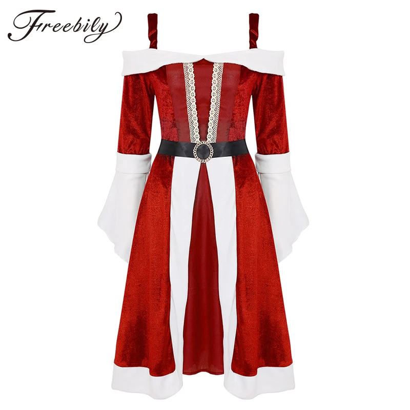 Женский бархатный Рождественский костюм маскарадное платье с открытыми плечами