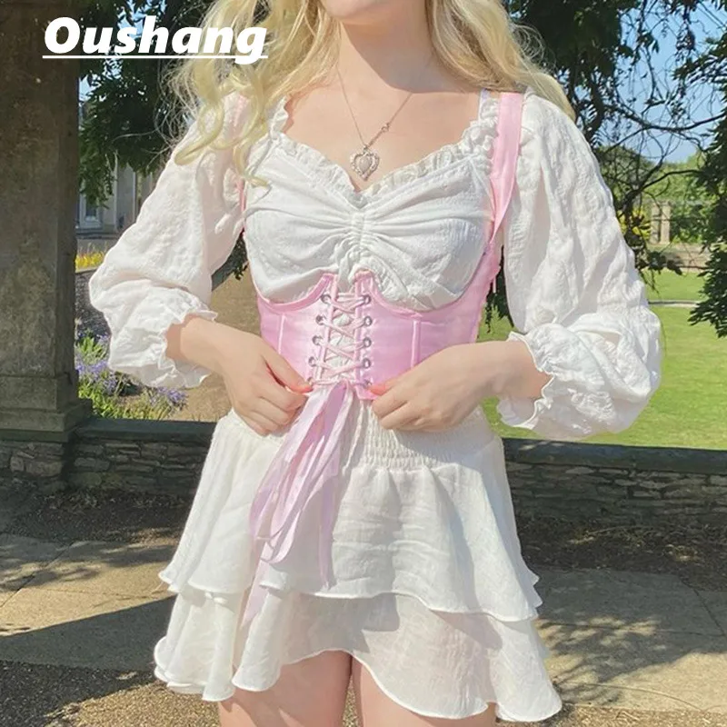 

Платье женское кружевное с квадратным вырезом, милая белая юбка с длинным рукавом, модный Розовый Повседневный пуловер с застежкой на талии...