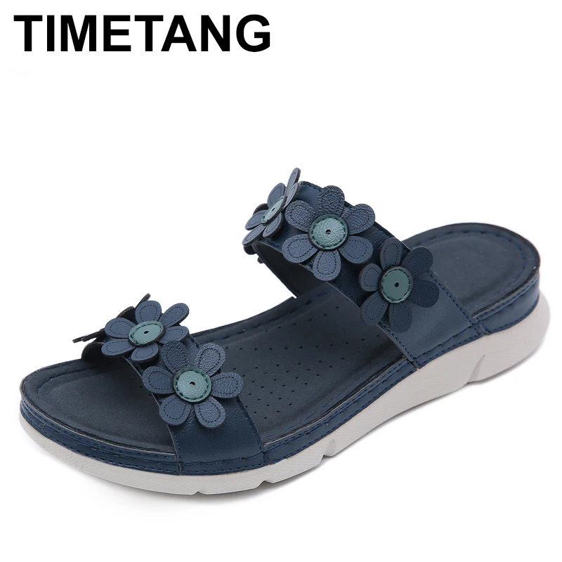 

TIMETANG 2020 Student Bohemian Sandals Flowers Light Elastic Beach Slope Heel Plus Size Female Slippers