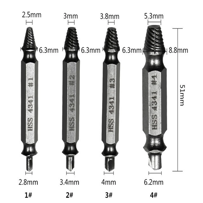 

4pc/lot Carpenters Screw&Bolt Extractor Guide Drill Removal Broken Bolts Easy Out Double Side Bolt Stud Screw Remover Extractors