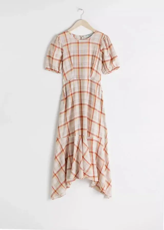 

Women Dress 2021 Spring Summer New Plaid Puff Sleeve Short Sleeve Fishtail Dress