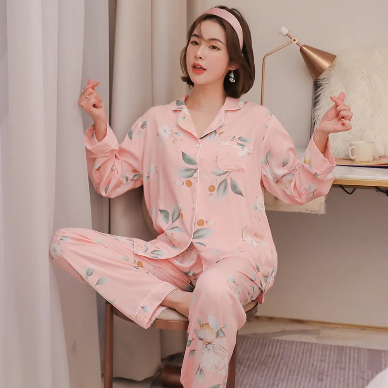 

2021 New Long-sleeved Pajamas Women's Spring and Autumn Cotton Silk Home Wear Thin Section Japanese Sweet Pyjama Femme Sexy Suit