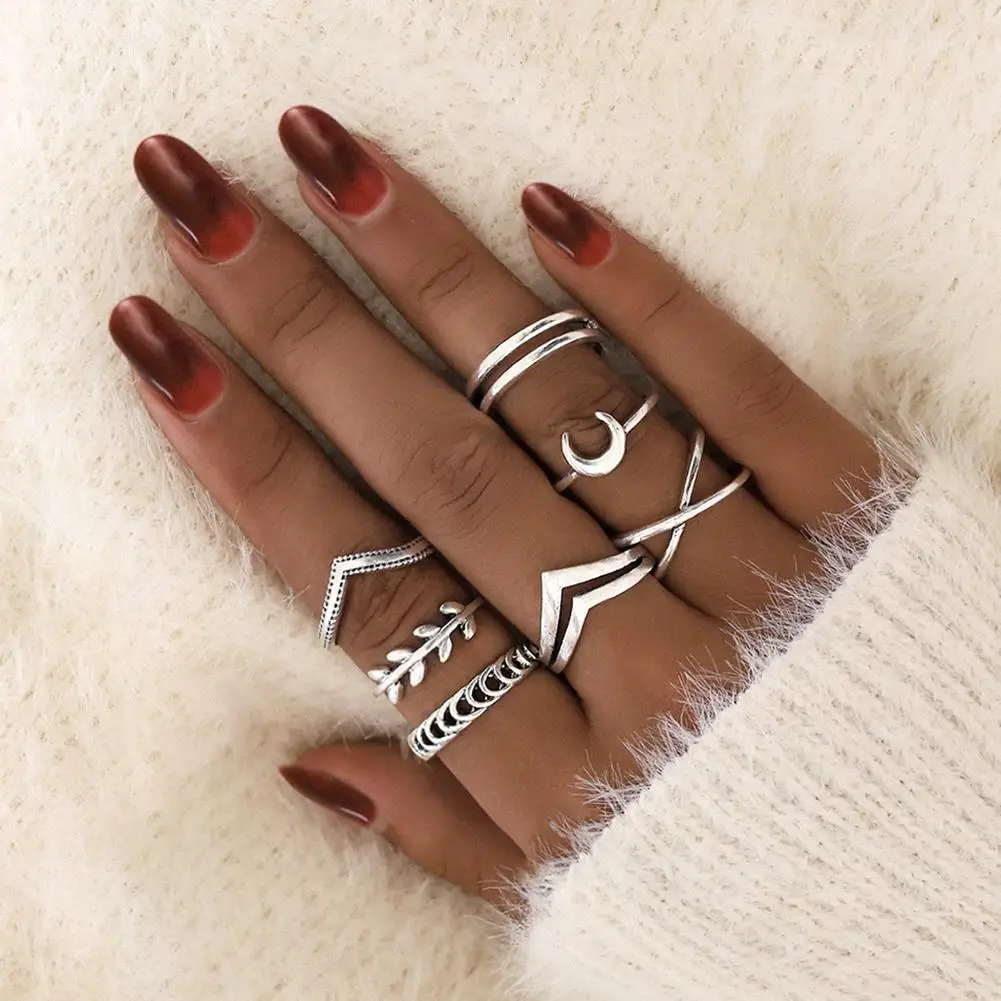 

7Pcs Women Retro Cross Moon Leaf Hollow Band Finger Ring Party Jewelry Gift Lady gift Wedding lover Engagement Ring Punk Jewelry