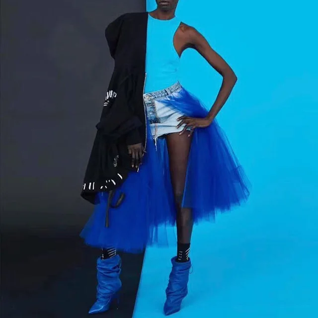 Подиумные женские джинсы Midi Tutu Tulle Splice высококачественное Сетчатое бальное