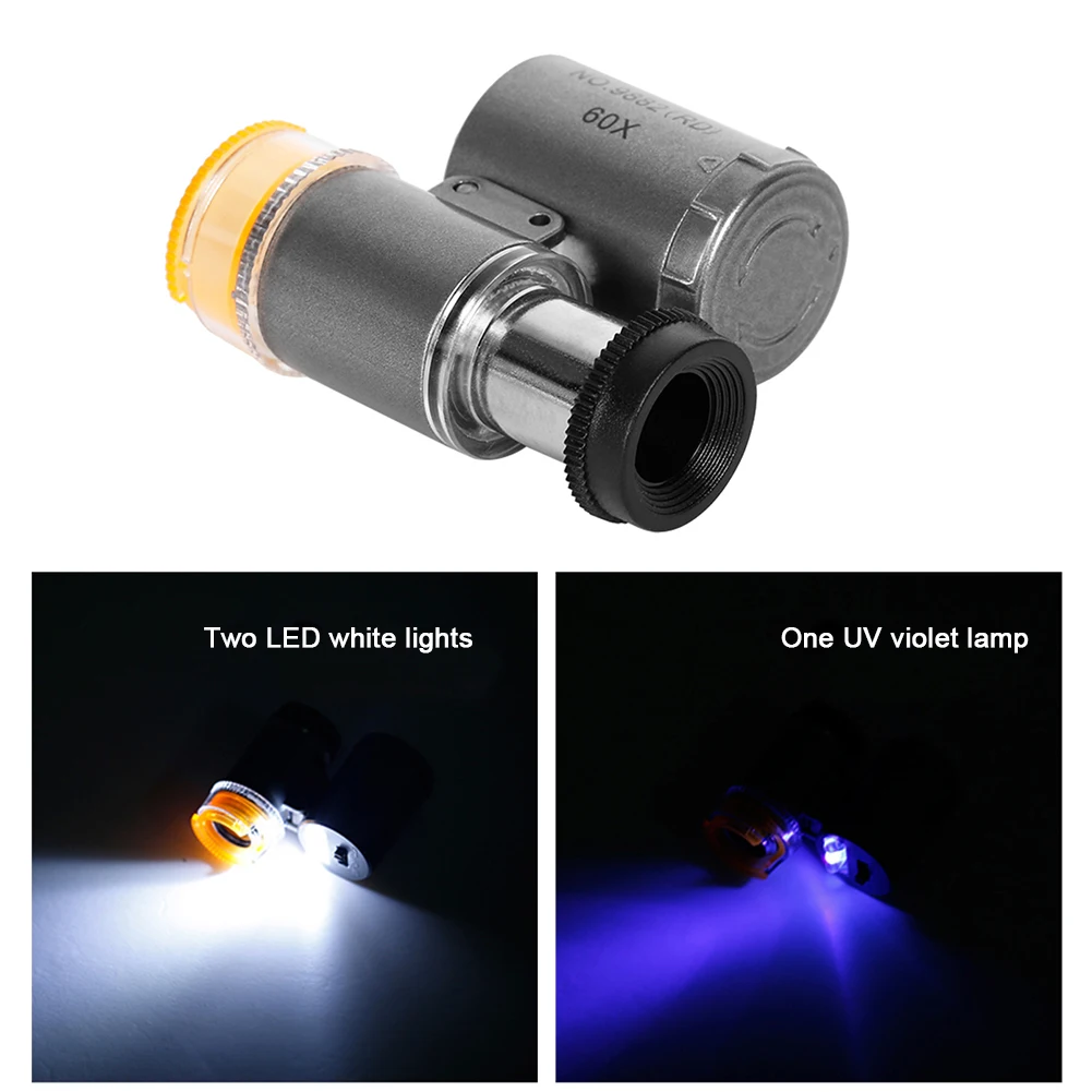 

Portable Mini 60x Pocket Handheld Microscope Loupe Currency Detecting With LED UV Light Glass Jewellery Magnifier Detector
