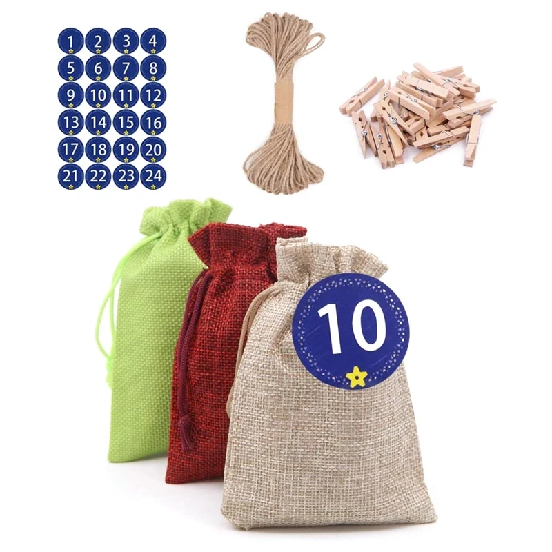 

Набор из 24 штук, полотно, мешковина сумка, Рождественский календарь подарочные пакеты, декорированном мешковиной горшке висит джута мешок д...