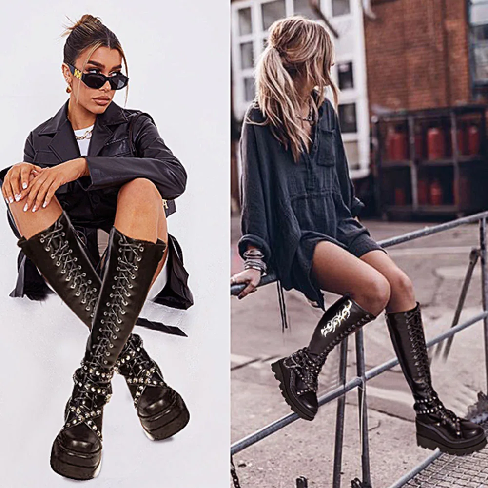 

DoraTasia Big Size 35-43 Female Knee High Boots Platform Wedges High Heels Chain Print women's Boots Street Autumn Shoes Woman