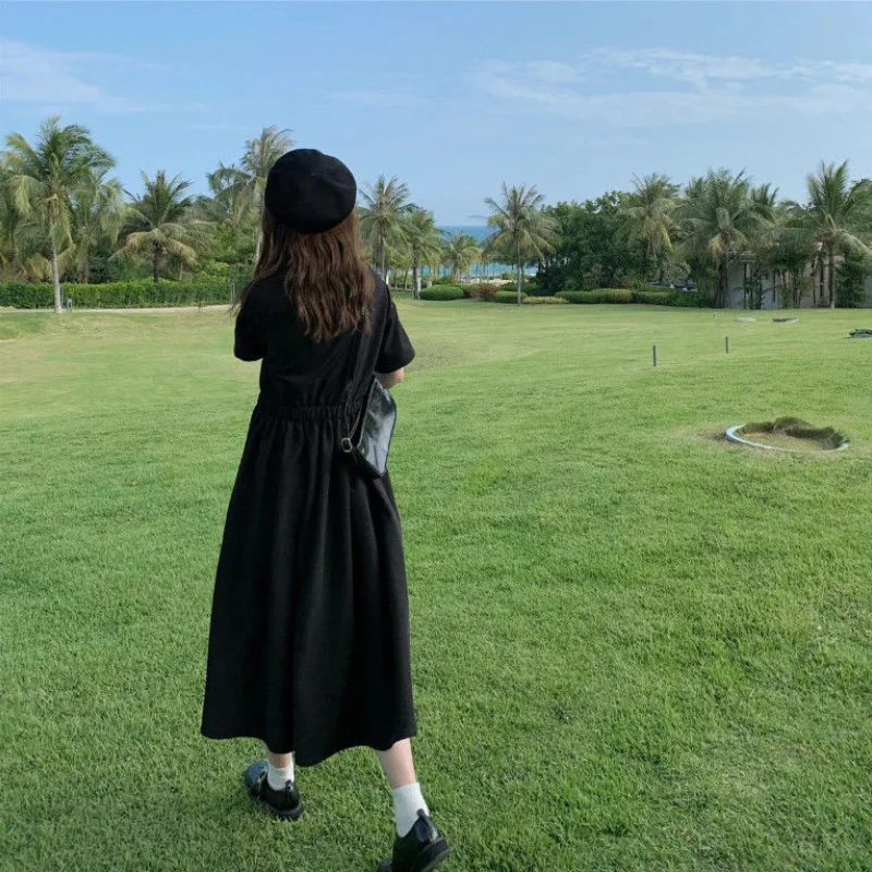 

HOUZHOU Summer Dress Women Black short sleeve Midi Dress Elegant Loose Preppy Style Sundress 2021 Fashion Outfit Streetwear